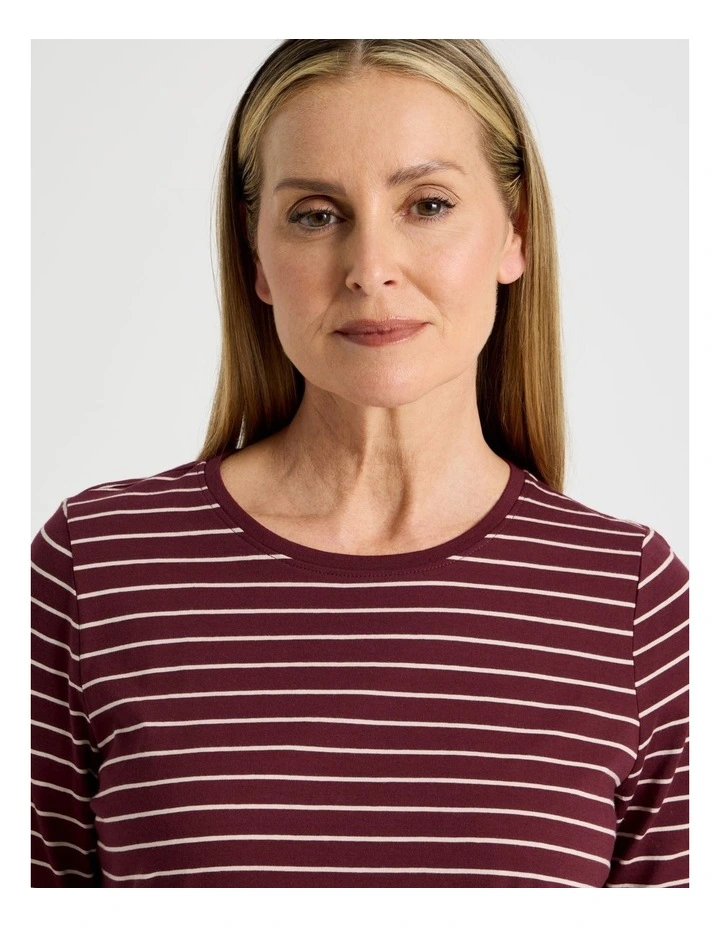 3/4 Sleeve Wardrobe Staple Tee in Burgundy Stripe image 4