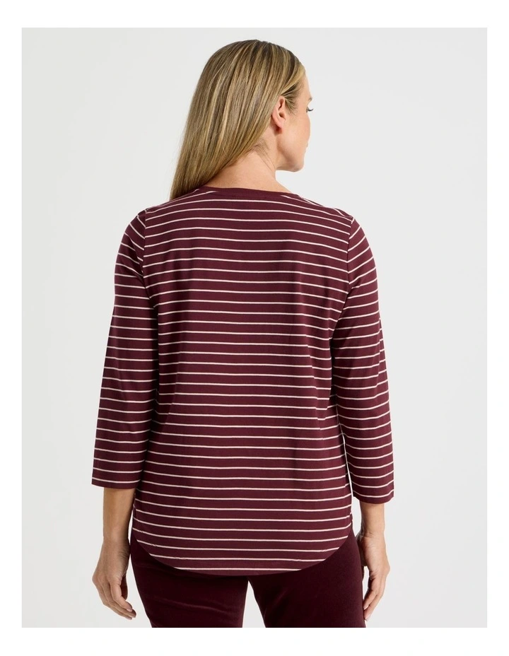 3/4 Sleeve Wardrobe Staple Tee in Burgundy Stripe image 6