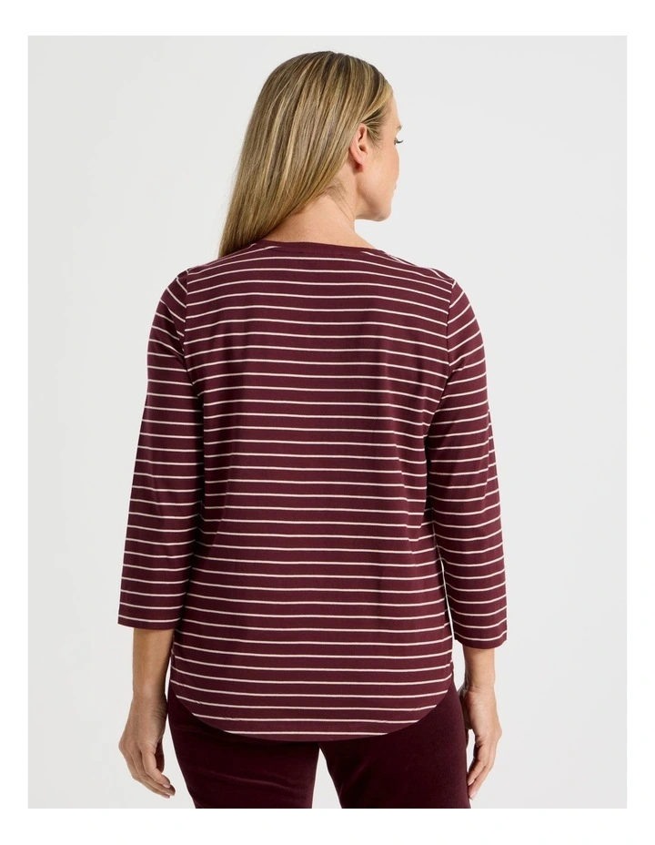 3/4 Sleeve Wardrobe Staple Tee in Burgundy Stripe image 7