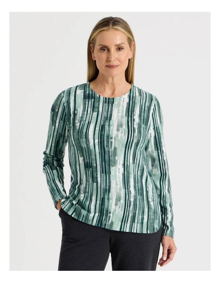 Long Sleeve Soft Touch Tee With Crew Neck in Greens Vertical Coastal Stripe image 1