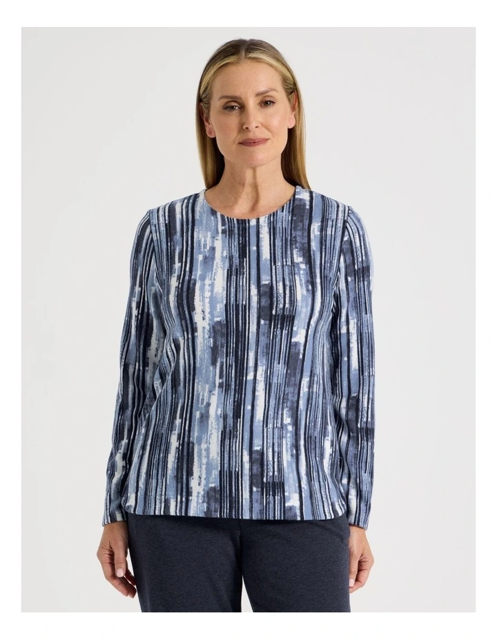 Long Sleeve Soft Touch Tee With Crew Neck in Blues Vertical Coastal Stripe image 1