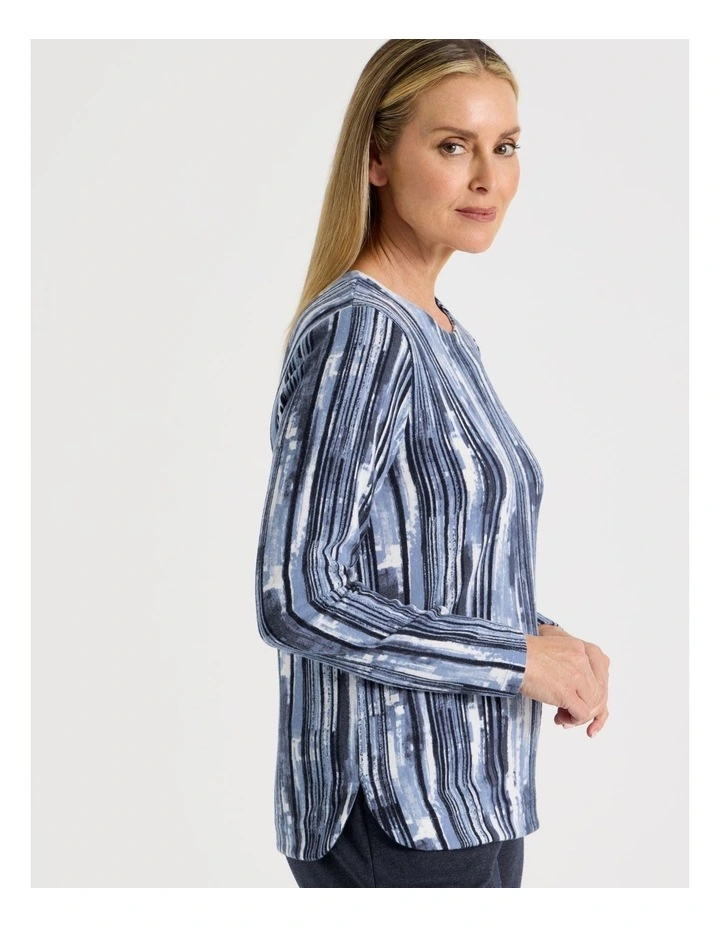 Long Sleeve Soft Touch Tee With Crew Neck in Blues Vertical Coastal Stripe image 4