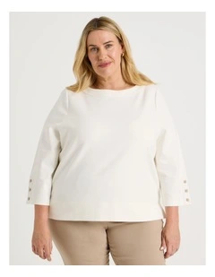 Funnel Neck 3/4 Sleeve Tee With Contrast Piping And Buttons in Ivory