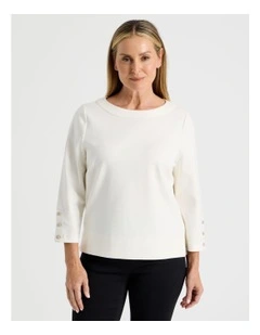 Funnel Neck 3/4 Sleeve Tee With Contrast Piping And Buttons in Ivory