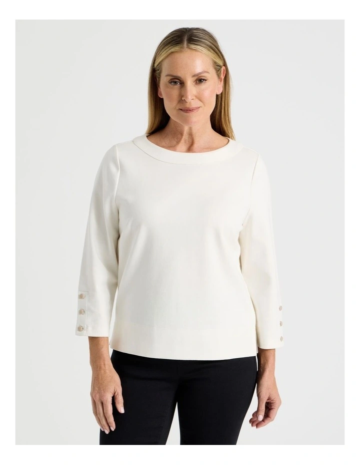 Funnel Neck 3/4 Sleeve Tee With Contrast Piping And Buttons in Ivory image 1