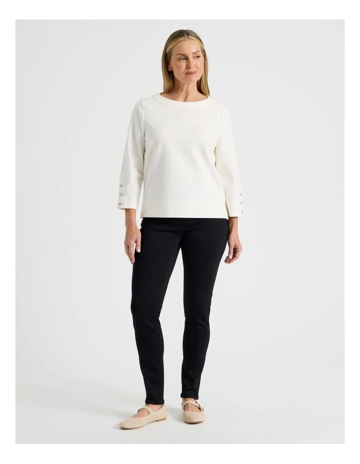 Funnel Neck 3/4 Sleeve Tee With Contrast Piping And Buttons in Ivory image 2