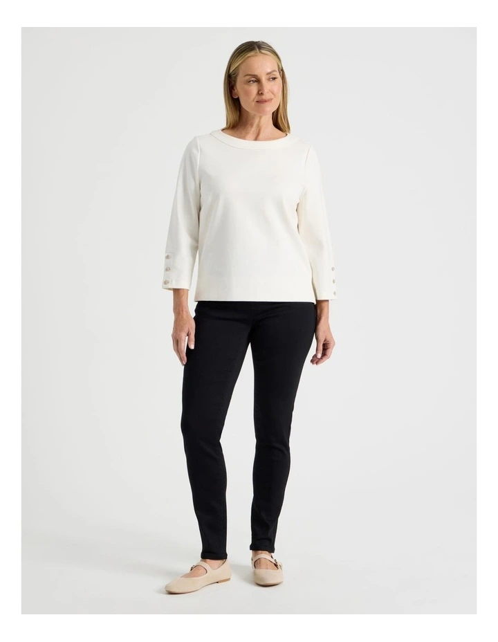 Funnel Neck 3/4 Sleeve Tee With Contrast Piping And Buttons in Ivory image 3
