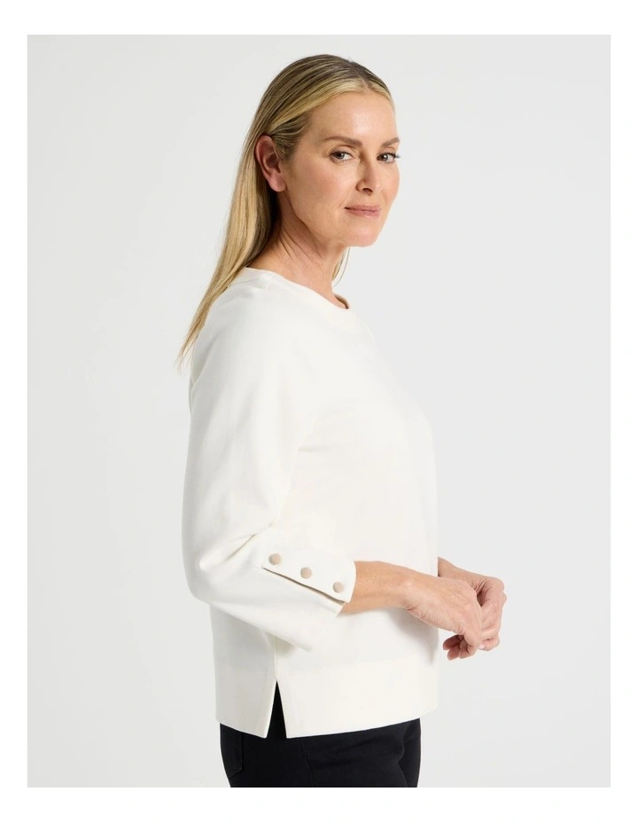 Funnel Neck 3/4 Sleeve Tee With Contrast Piping And Buttons in Ivory image 4
