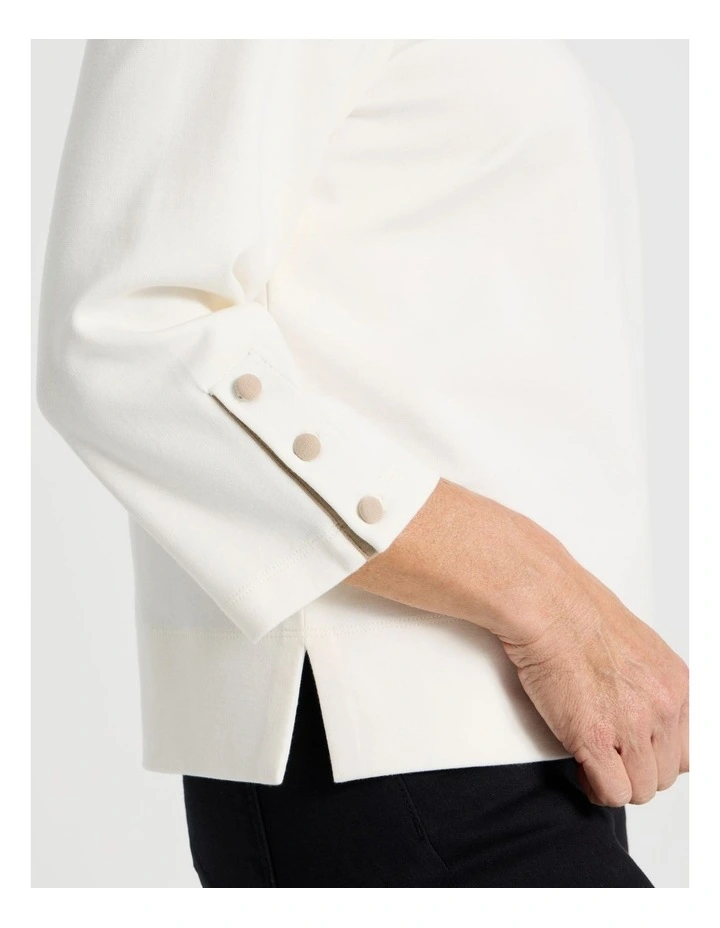 Funnel Neck 3/4 Sleeve Tee With Contrast Piping And Buttons in Ivory image 5