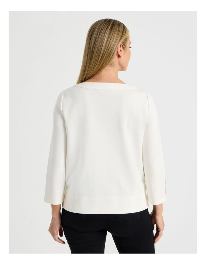 Funnel Neck 3/4 Sleeve Tee With Contrast Piping And Buttons in Ivory image 6