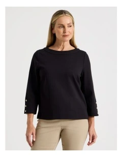 Funnel Neck 3/4 Sleeve Tee With Contrast Piping And Buttons in Black
