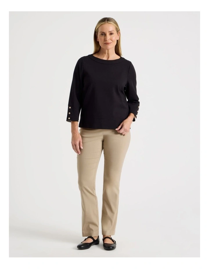 Funnel Neck 3/4 Sleeve Tee With Contrast Piping And Buttons in Black image 2