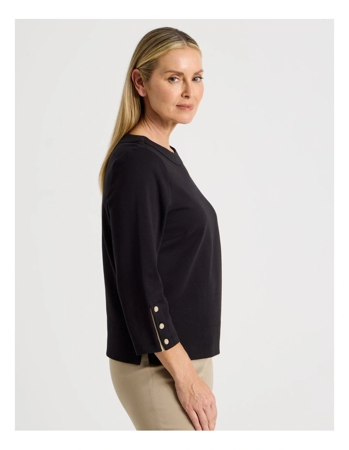 Funnel Neck 3/4 Sleeve Tee With Contrast Piping And Buttons in Black image 3