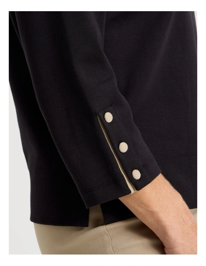 Funnel Neck 3/4 Sleeve Tee With Contrast Piping And Buttons in Black image 4