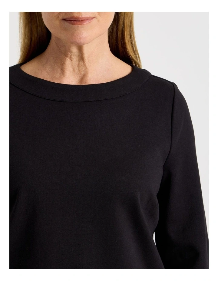 Funnel Neck 3/4 Sleeve Tee With Contrast Piping And Buttons in Black image 5