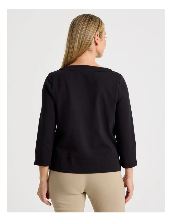 Funnel Neck 3/4 Sleeve Tee With Contrast Piping And Buttons in Black image 6