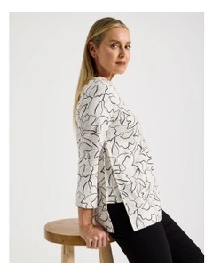 Button Shoulder Tunic With Side Insert Panels in Ivory Floral Print