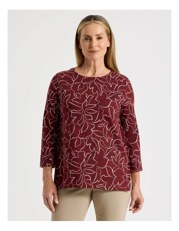 Button Shoulder Tunic With Side Insert Panels in Burgundy Floral Artwork image 1