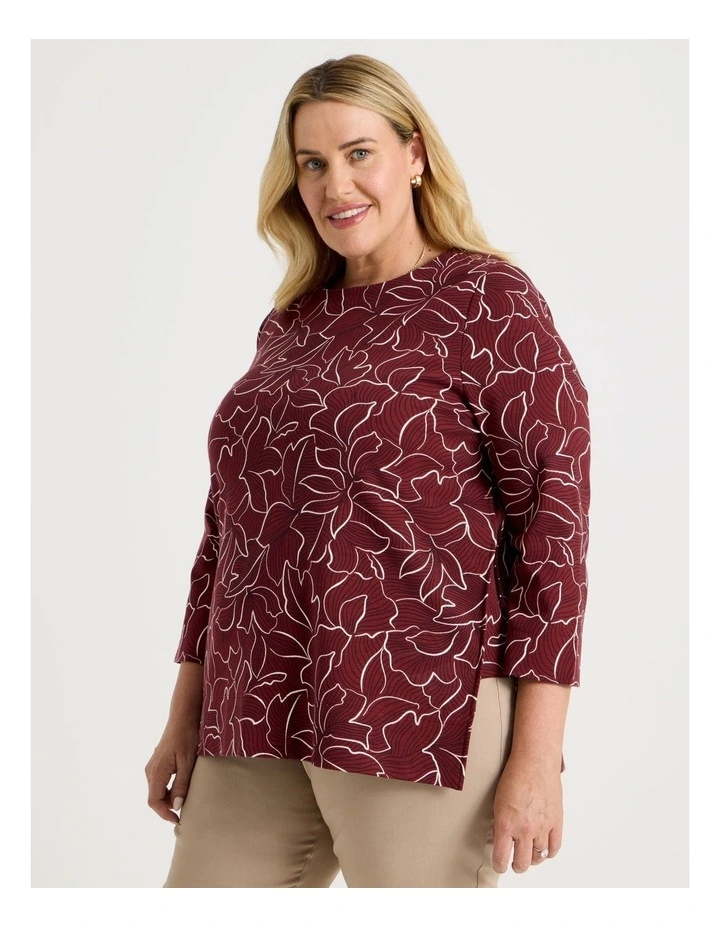 Button Shoulder Tunic With Side Insert Panels in Burgundy Floral Artwork image 2