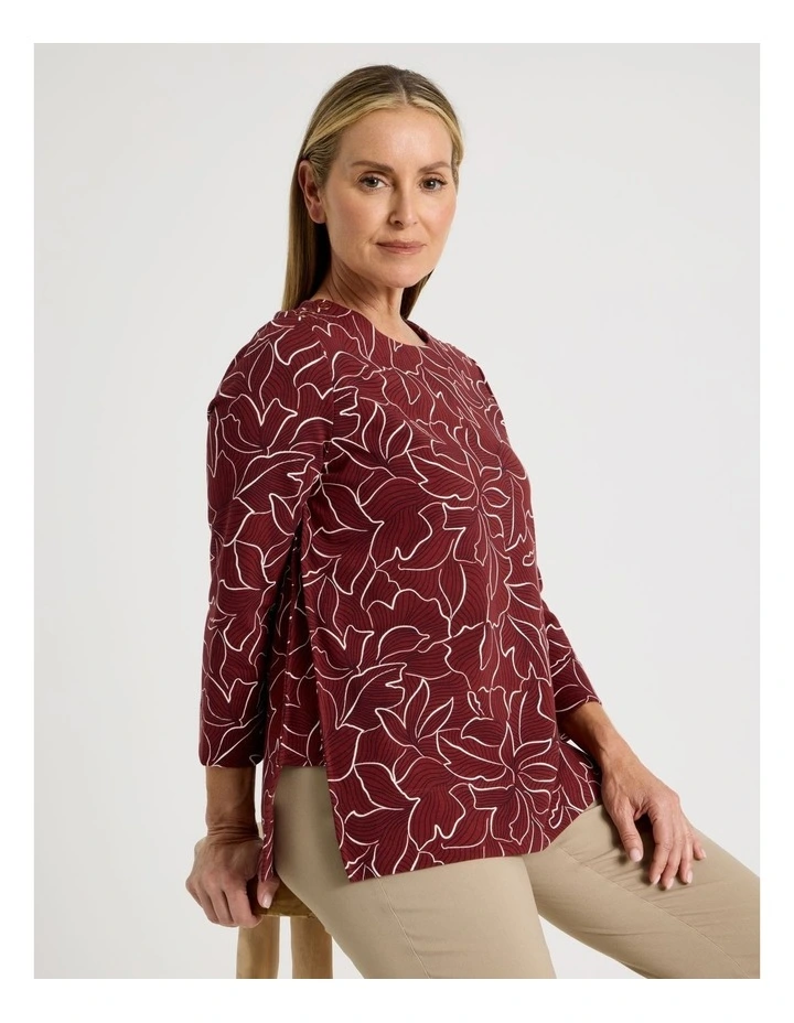 Button Shoulder Tunic With Side Insert Panels in Burgundy Floral Artwork image 2
