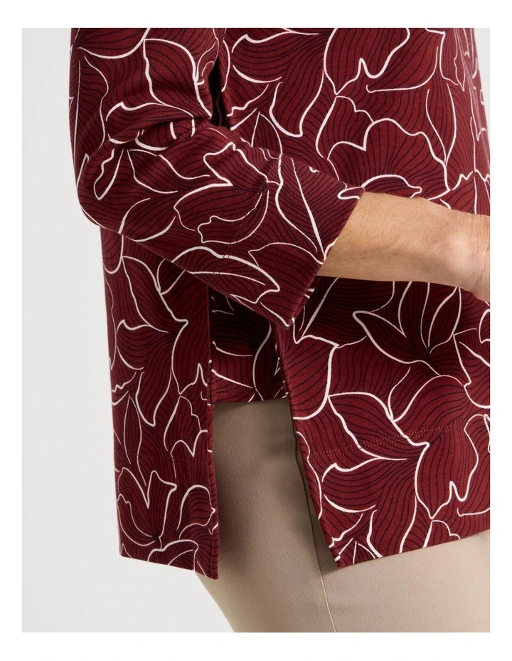 Button Shoulder Tunic With Side Insert Panels in Burgundy Floral Artwork image 4
