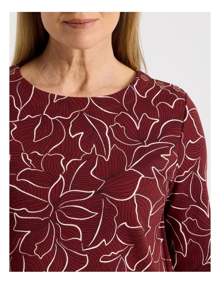 Button Shoulder Tunic With Side Insert Panels in Burgundy Floral Artwork image 5
