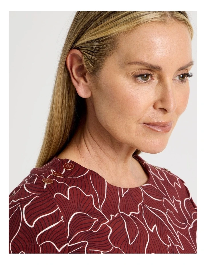 Button Shoulder Tunic With Side Insert Panels in Burgundy Floral Artwork image 7