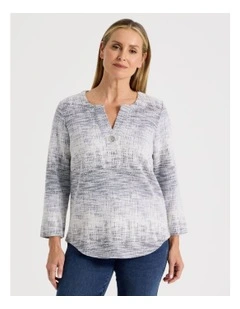 V Neck With Button Textured Tee in Navy/Ivory