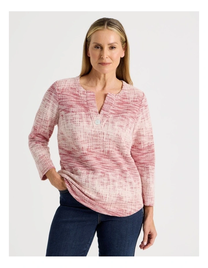 V Neck With Button Textured Tee in Red/Ivory image 1