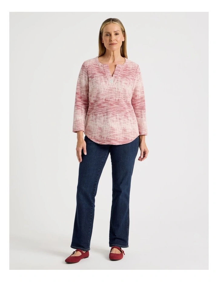 V Neck With Button Textured Tee in Red/Ivory image 3