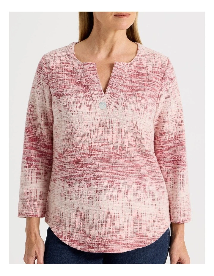 V Neck With Button Textured Tee in Red/Ivory image 3