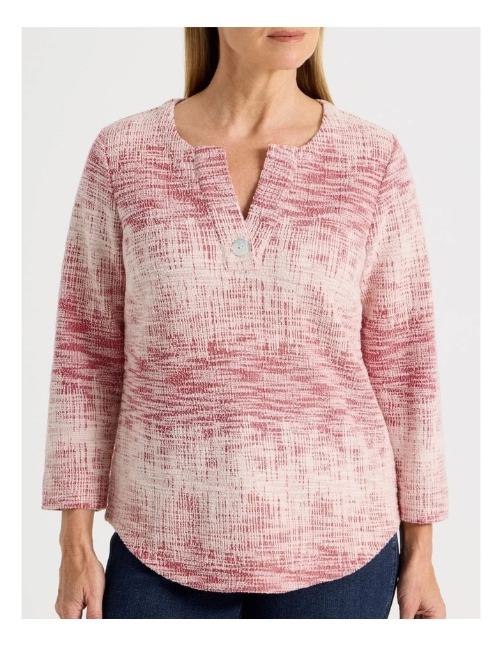 V Neck With Button Textured Tee in Red/Ivory image 4