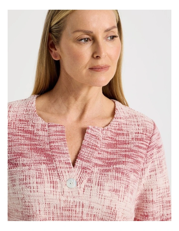 V Neck With Button Textured Tee in Red/Ivory image 5