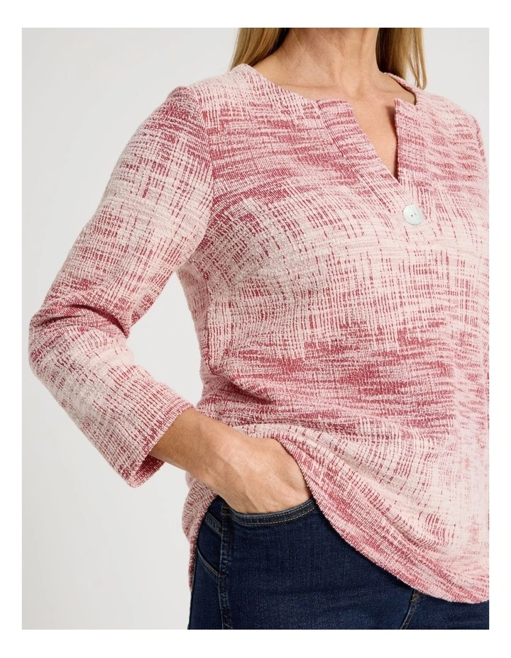 V Neck With Button Textured Tee in Red/Ivory image 5