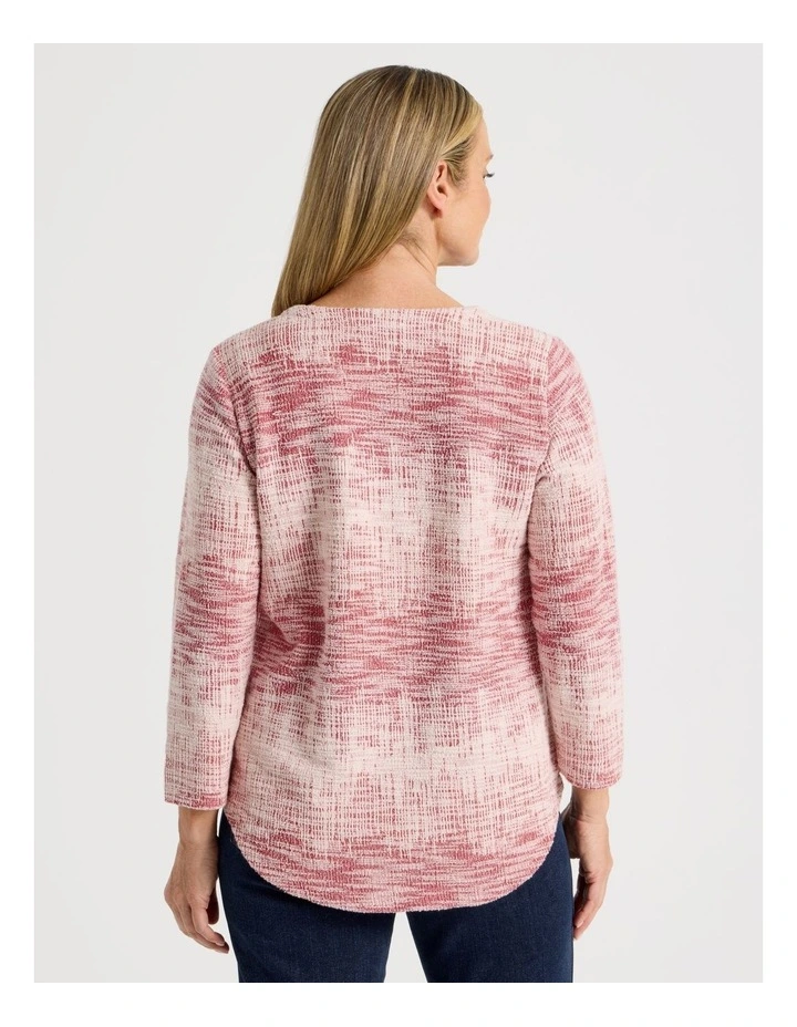 V Neck With Button Textured Tee in Red/Ivory image 7