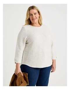 3/4 Sleeve Textured Tee With Button Neck in Ivory Speckle