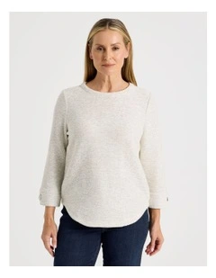 3/4 Sleeve Textured Tee With Button Neck in Ivory Speckle