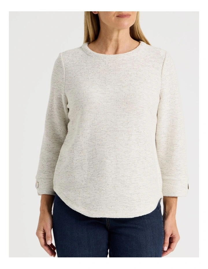 3/4 Sleeve Textured Tee With Button Neck in Ivory Speckle image 3