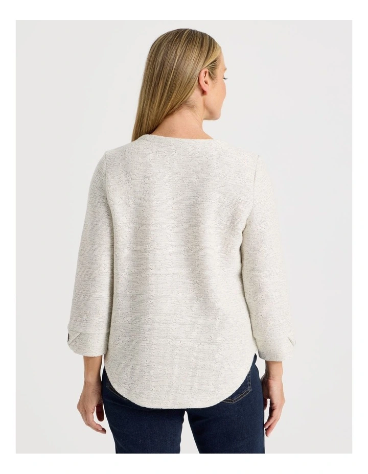 3/4 Sleeve Textured Tee With Button Neck in Ivory Speckle image 5