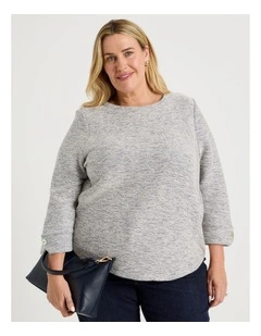 3/4 Sleeve Textured Tee With Button Neck in Navy Speckle