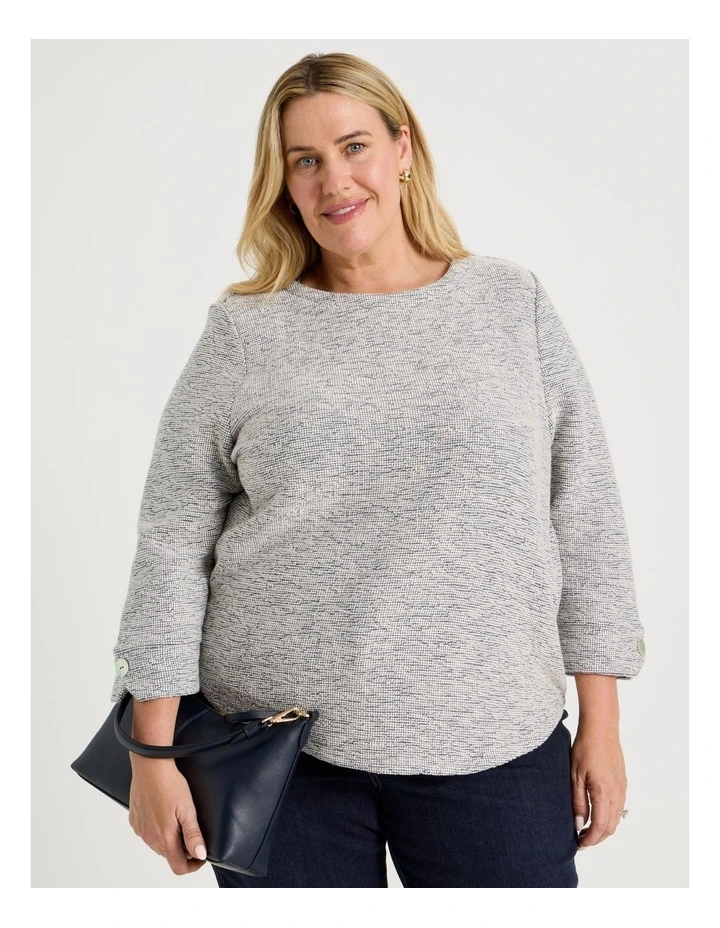 3/4 Sleeve Textured Tee With Button Neck in Navy Speckle image 1