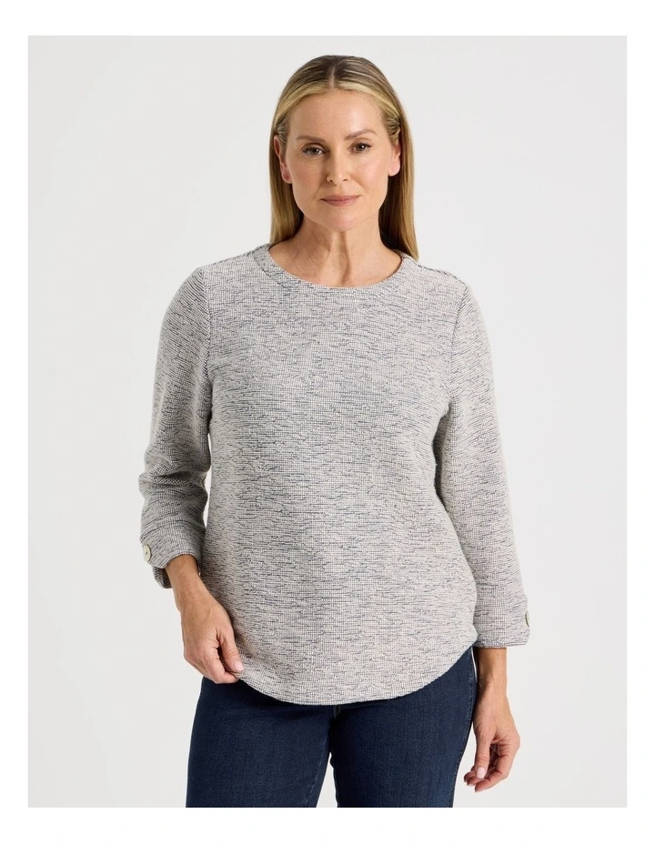 3/4 Sleeve Textured Tee With Button Neck in Navy Speckle image 1