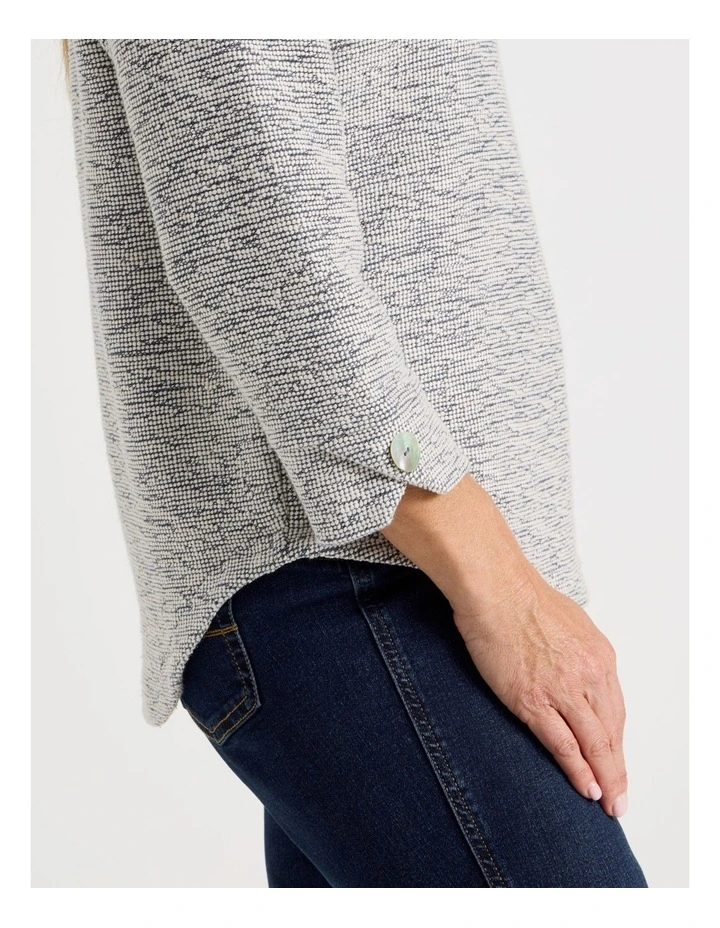 3/4 Sleeve Textured Tee With Button Neck in Navy Speckle image 4