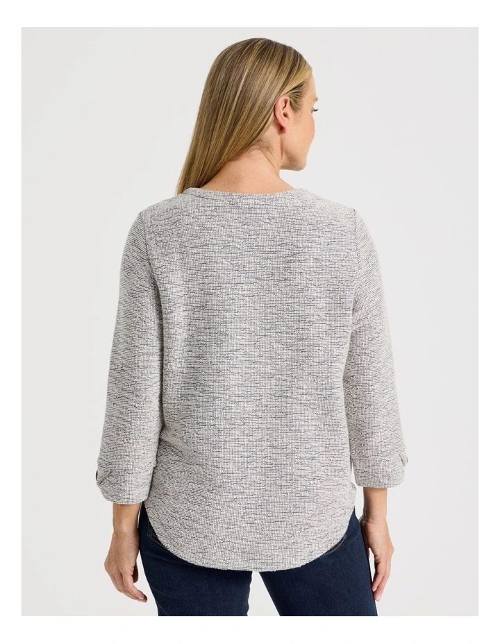 3/4 Sleeve Textured Tee With Button Neck in Navy Speckle image 5