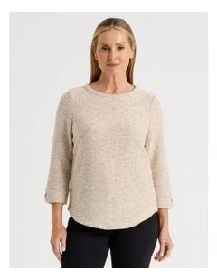 3/4 Sleeve Textured Tee With Button Neck in Camel Speckle