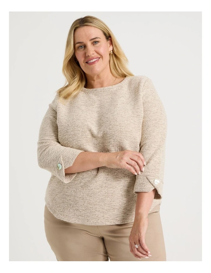 3/4 Sleeve Textured Tee With Button Neck in Camel Speckle image 2
