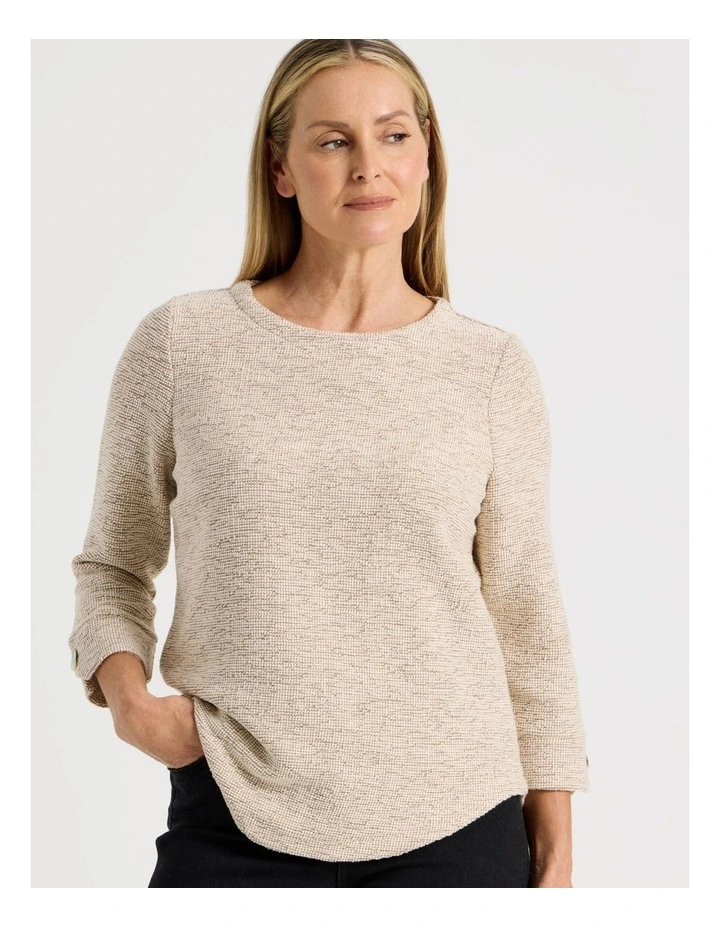 3/4 Sleeve Textured Tee With Button Neck in Camel Speckle image 4
