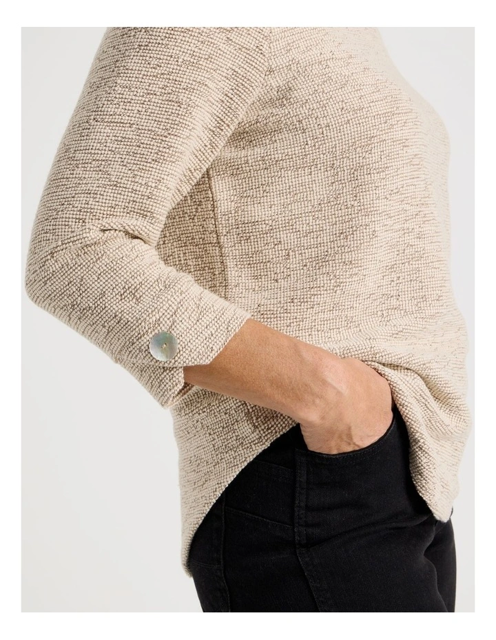 3/4 Sleeve Textured Tee With Button Neck in Camel Speckle image 5
