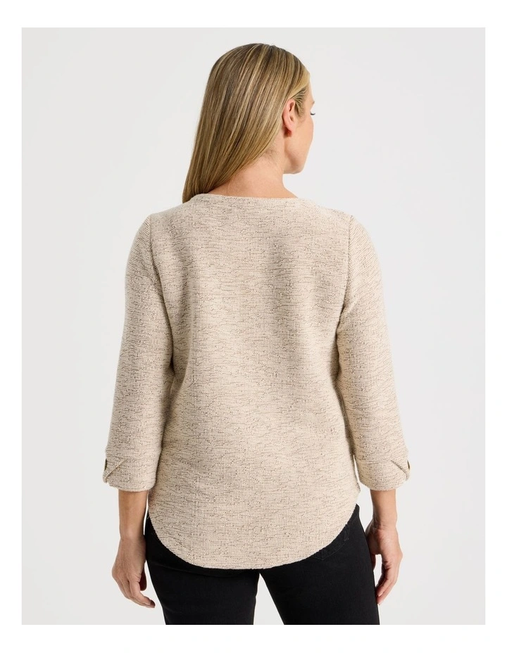 3/4 Sleeve Textured Tee With Button Neck in Camel Speckle image 7