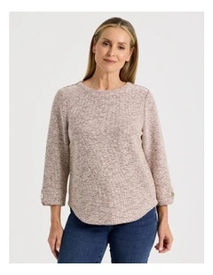 3/4 Sleeve Textured Tee With Button Neck in Port Speckle